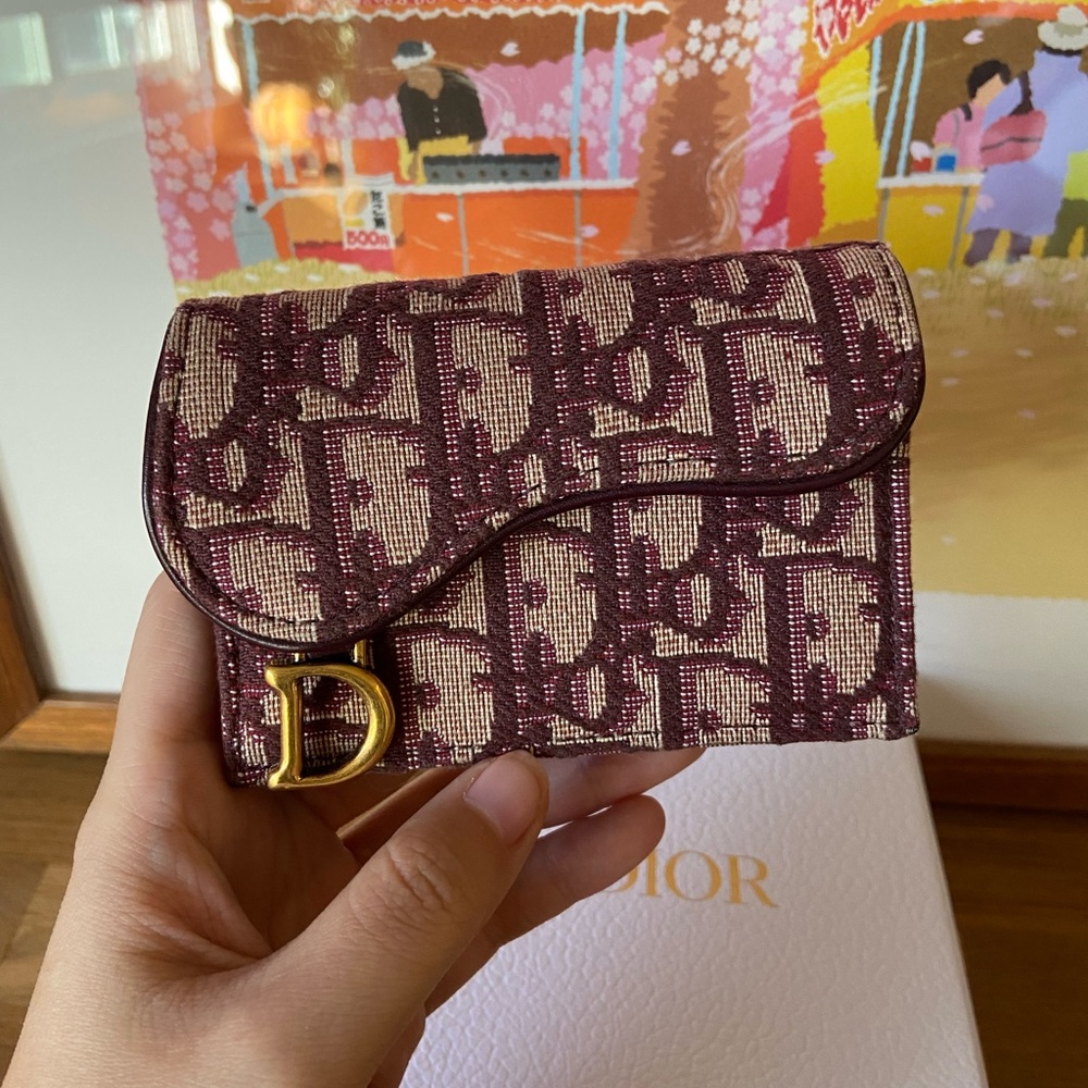 Dior Oblique Saddle Flap Card Holder Bordeaux Burgundy